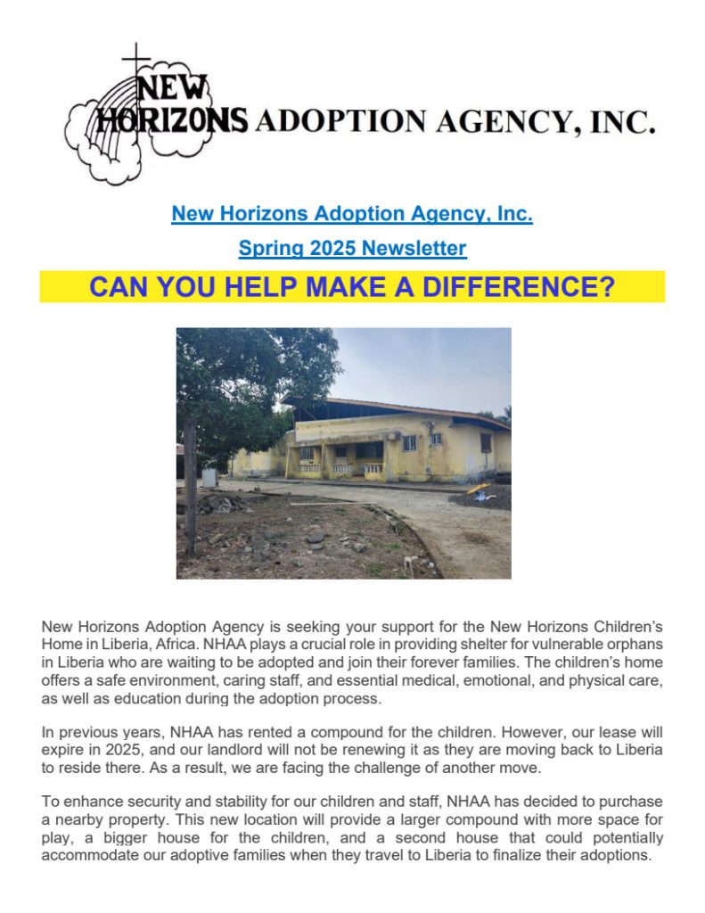 New Horizons Adoption Agency Spring 2025 Newsetter